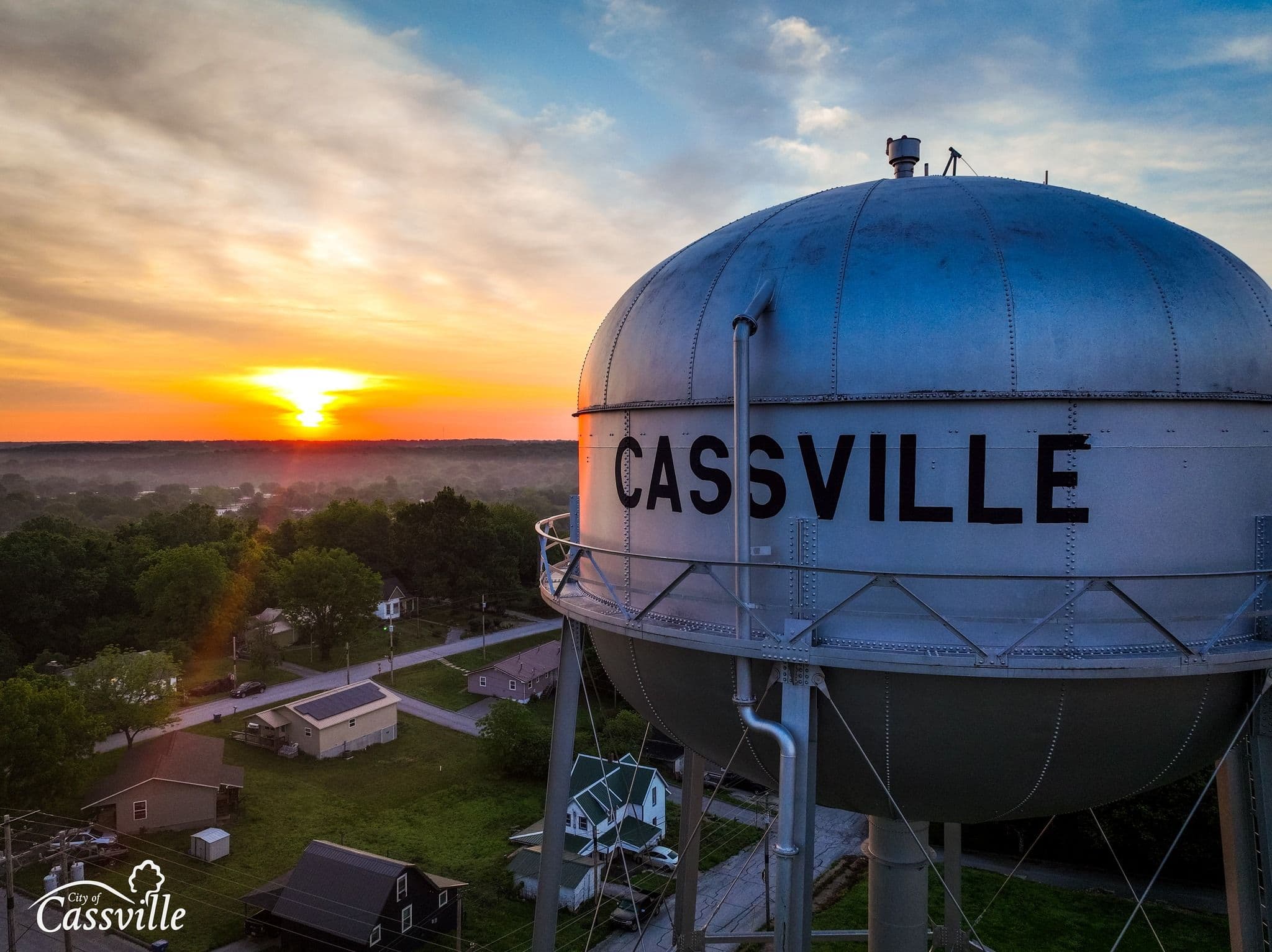 The Cassville water tower at sunset, looking out over town